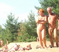 Friends with long hairy cock and big flabby tits and trimmed pussy on nude beach