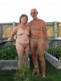 Grandpa with shaved dick and big saggy balls working at the garden with grandma's tiny flabby breasts and shaved big cunt