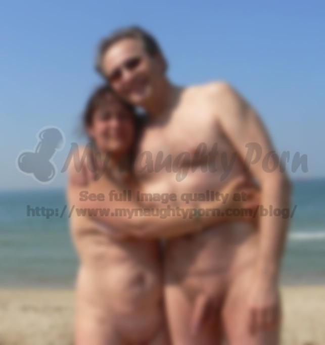Lovely older couple on the beach showing guy's big semi-hard cock and and  wife's saggy breasts and shaved cunt