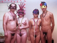 Masked nudist family with big hairy pussies and one hard hairy cock