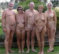 Nice nudist photo of older guys with thick shaved cocks and women with big saggy tits and shaved cunts
