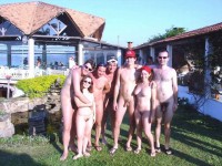 Nude family couples showing a small semi-hard cocks and nice big trimmed pussies with flabby tits