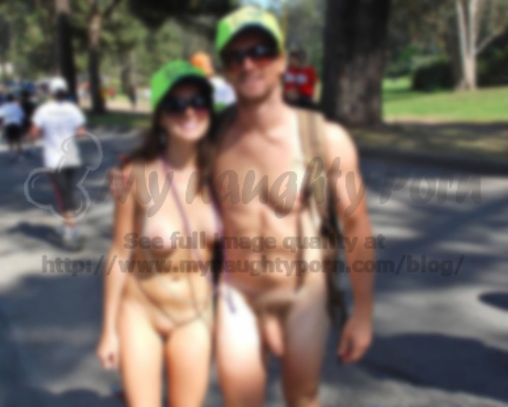 Nude walk with my wifes big saggy tits and loose shaved vagina and my huge hairy semi-erected dick pic