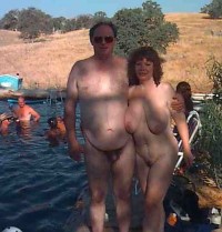 Nudist couple showing woman's huge monster saggy tits and hairy cunt and guy with tiny hairy cock
