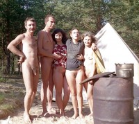 Nudist group with hairy semi-erected small cocks and big hairy cunts