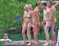 Nudist swimming showing my tiny hairy dick and my girlfriend with flabby tits and shaved pussy