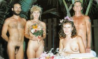 Nudist wedding photo with posing guy with long cut hairy dick and brides with huge shaved pussies and firm breasts