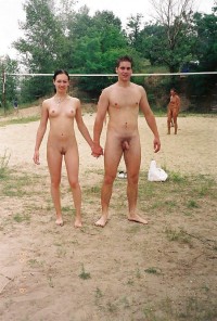 Playing voleybal naked with my girl's small tits and trimmed pussy and my almost hard cock