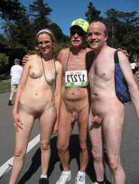 Public nude race with two older hairy small dicks and young hairy cunt with flabby tits