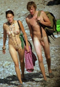 Some young teen couple walking nude and showing girl's huge pussy lips and firm breasts and boy's very long uncut cock