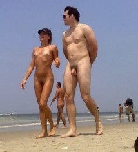 Walk on a nude beach with my tiny small tits and hairy cunt and my older lover with tiny uncut hairy penis
