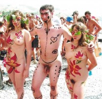 Boy with painting on his body with small hairy uncut cock with his girls with hairy pussies