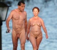 Dad with fat huge uncut shaved cock walking nude with mom's flabby tits and trimmed vagina