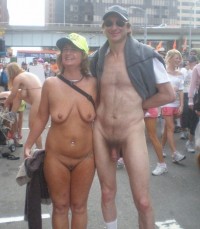 Girl with saggy tits and big shaved cunt at nude festival with my small fat hairy cock