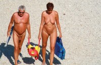 Grandpa with uncut hairy dick and low hanging balls walking with grandma's flabby tits and big trimmed cunt