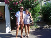 Huge tits of my wife and my tiny small shaved cock like to walk nude around the block
