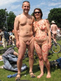 I like walking nude in summer with my girl's flabby tits and shaved cunt and my shaved cock