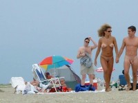 Nude beach walk with wife's bigger tits and my erected dick