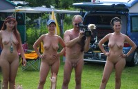 Nude camper with tiny shaved dick likes to film his young mistress with huge saggy tits and shaved vaginas