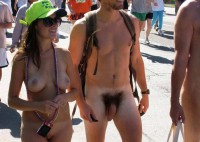 Nude walk with hairy dick and shaved pussy