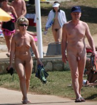Older couple walking nude on the beach and showing guy's hairy small dick and woman's saggy tits and trimmed cunt