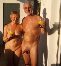 Older guy with huge shaved erected cock celebrating with his wife's big flabby breasts and shaved twat