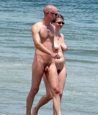 Our boy's short thick cock and our girl with trimmed pussy and nice flabby tits on a walk