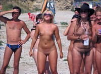 Our neighbour with big shaved pussy and big hard nipples on a beach with my small soft hairy cock