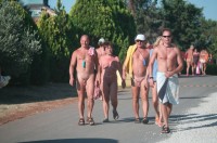 Small flabby shaved dicks with low hanging balls walking with wife's saggy breasts and big trimmed twat