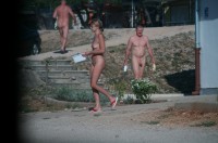 Some older dad with semi-hard shaved cock with long balls looking at his mistress with small flabby tits and trimmed pussy
