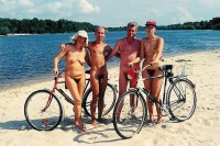 Two naturist families on a bike ride showing their huge hairy pussies and flabby tits and guys with tiny hairy cocks