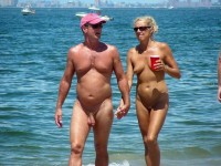 Wife with perky saggy tits and huge shaved cunt walking nude with her husband's big long dick