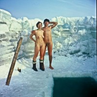 Young couple posing nude and showing guy's tiny hairy little uncut dick and girl with saggy breasts and big trimmed pussy