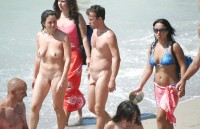Young couple walking nude and showing guy's tiny small shaved erected dick and girl's flabby tits and trimmed pussy