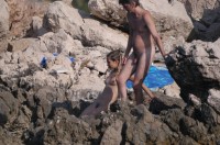 Young girl with hairy cunt and firm tits on a beach with boyfriend's tiny hairy dick